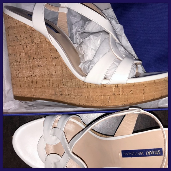 Stuart Weitzman Interlocking White Leather Cork Wedge Espadrille Shoes New 9.5 - Picture 8 of 8